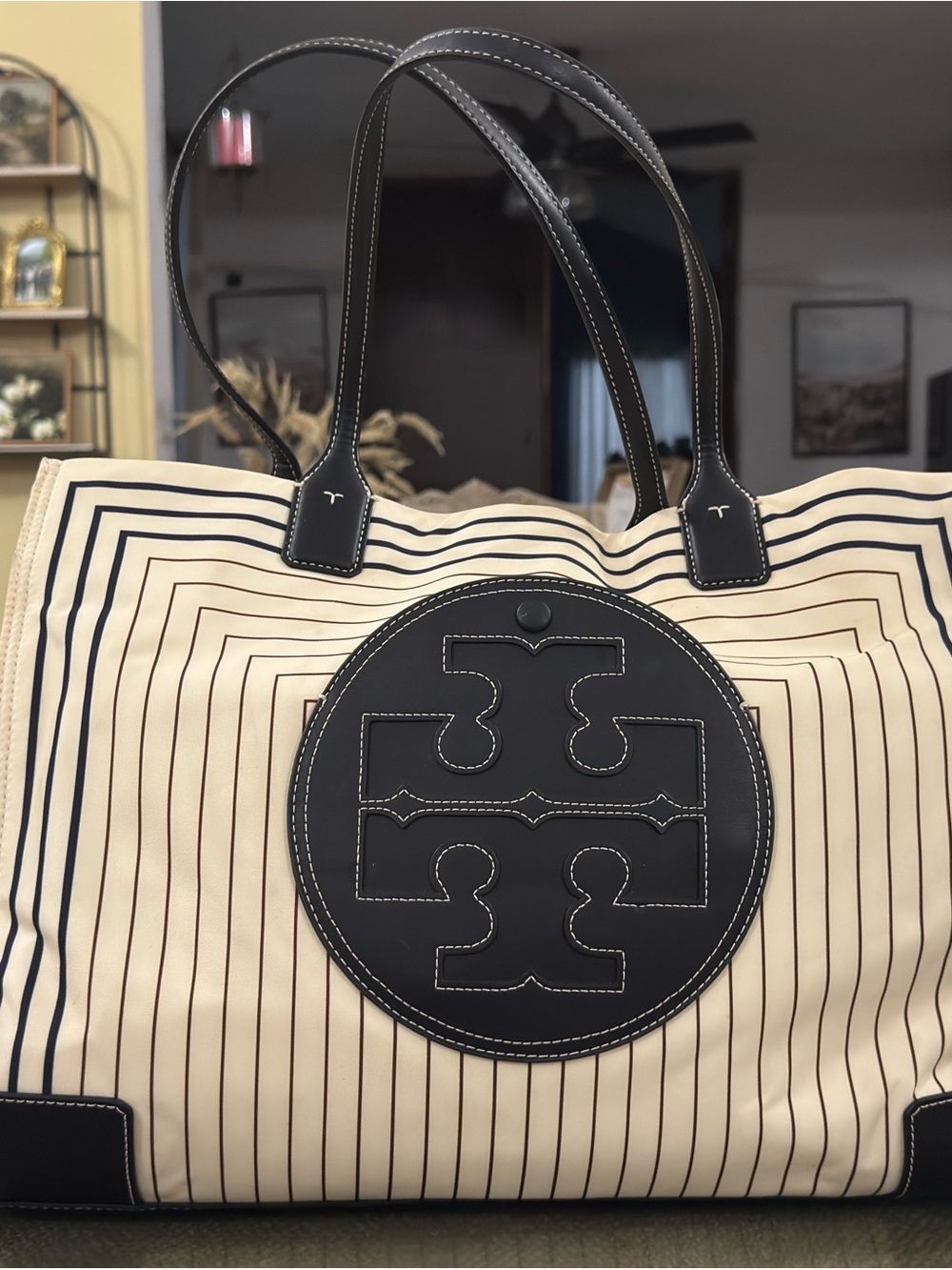 Tory Burch Cream and Navy Striped Logo Tote